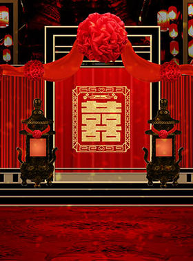 古代婚礼礼堂洞房花烛戏曲喜字红色希望高清LED大屏幕舞台图片