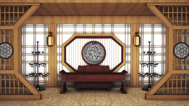 古代官员客厅大厅中式复古灯桌椅屏风高清led大屏幕舞台静态图片