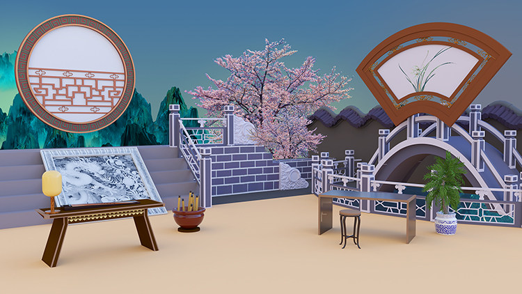 戏曲古代中式中国风女驸马室内场景高清led大屏幕舞台背景静态图