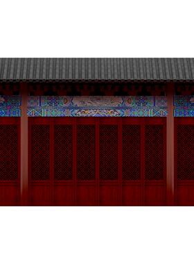 中式屏风瓦顶彩绘红色古建筑古风高清LED大屏幕舞台背景虚拟图片