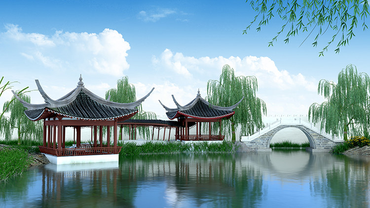 风景亭台石桥围墙湖水柳树蓝天白云柳枝高清led大屏幕舞台背景图