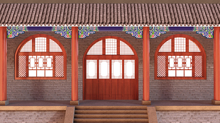 戏曲古代东北屏风木窗户们砖墙彩绘柱子楼梯高清LED大屏幕舞台图