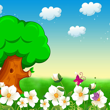 高清led大屏幕舞台背景卡通风景蓝天白云云彩大树花朵绿色春草地