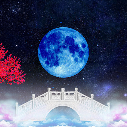 led大屏幕舞台小品背景舞台剧古代仙境星空夜空桃树花小桥图片