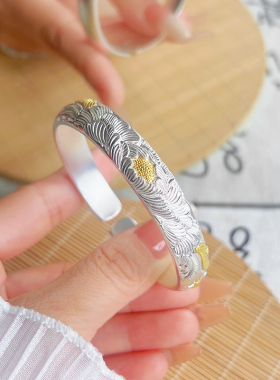 航达银匠镶金牡丹花足银手镯