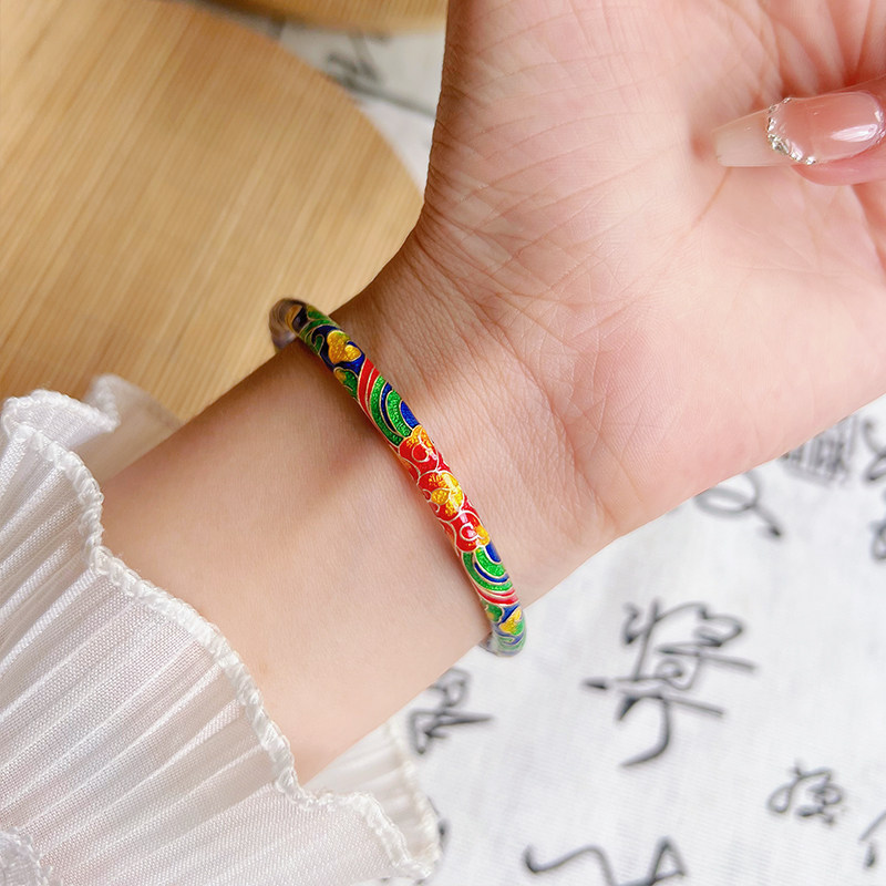 航达银匠 足银999实心闭口景泰蓝纯银手镯女款2025新珐琅彩银手环