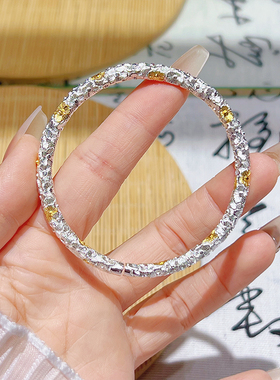 航达银匠 足银999描金繁花似锦银手镯实心开口圆棍银镯子女银手环