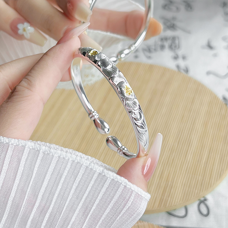 描金南瓜头手工牡丹花实心足银