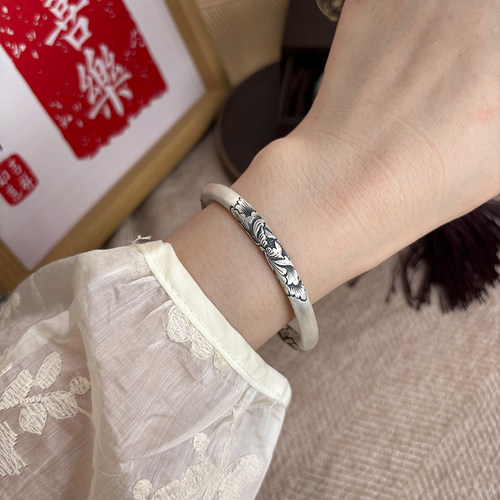 航达银匠手工足银牡丹花银手镯