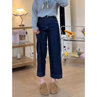 蓝色阔腿牛仔裤m女LAE加绒加厚新款秋冬胖妹深m高腰妹显瘦九分直