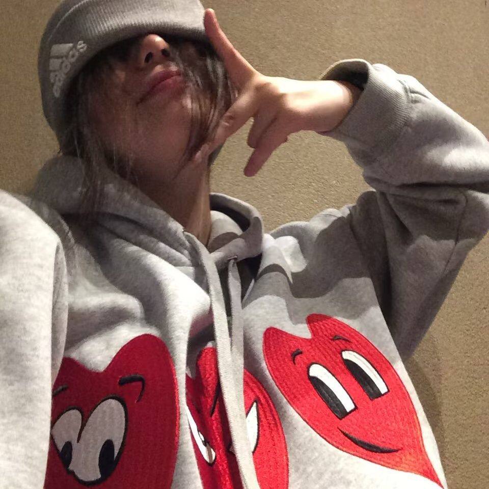 饶掌柜恶搞爱心万针刺绣加绒卫衣男女美式重磅宽松情侣帽衫秋冬潮