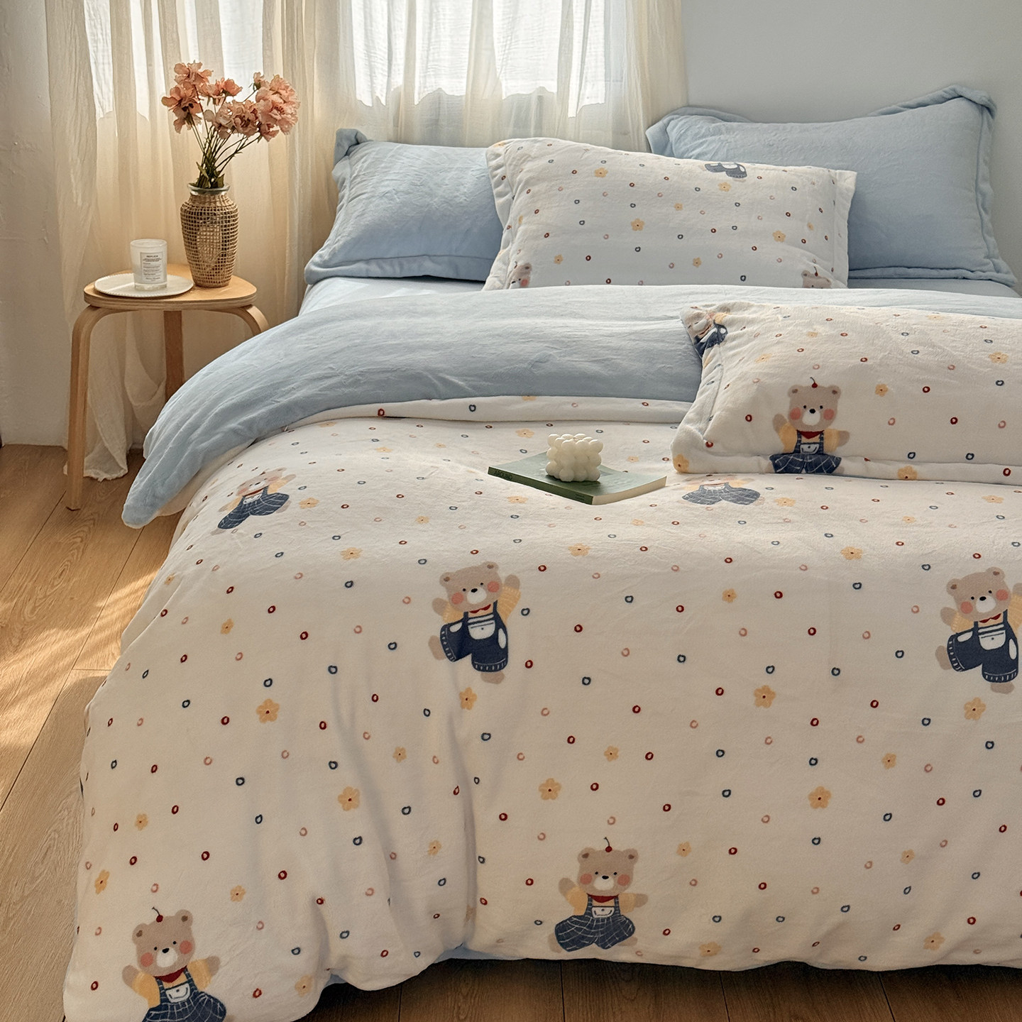 冬季小清新加厚保暖臻棉绒印花四件套抗静电牛奶绒床单被套软绵绵