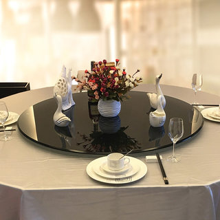 MA99天然本黑钢化玻璃纯色酒店餐厅黑色餐桌转盘家用底座连体餐台