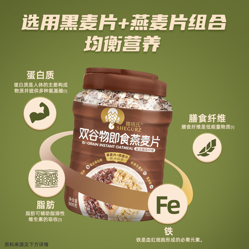 穗格氏黑麦燕麦片黑白混合双谷物900g无糖精即食原味高纤健身