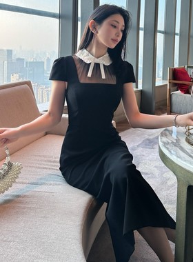 绣花钉珠翻领大方得体气质名媛风修身黑色连衣裙高级感超好看长裙