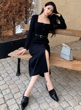 2025新款女装黑色方领长袖连衣裙简约通勤OL修身显瘦气质长裙
