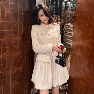 立领米白色连衣裙假两件洋装 秋冬新款 小香风长袖 财阀千金法式 女装