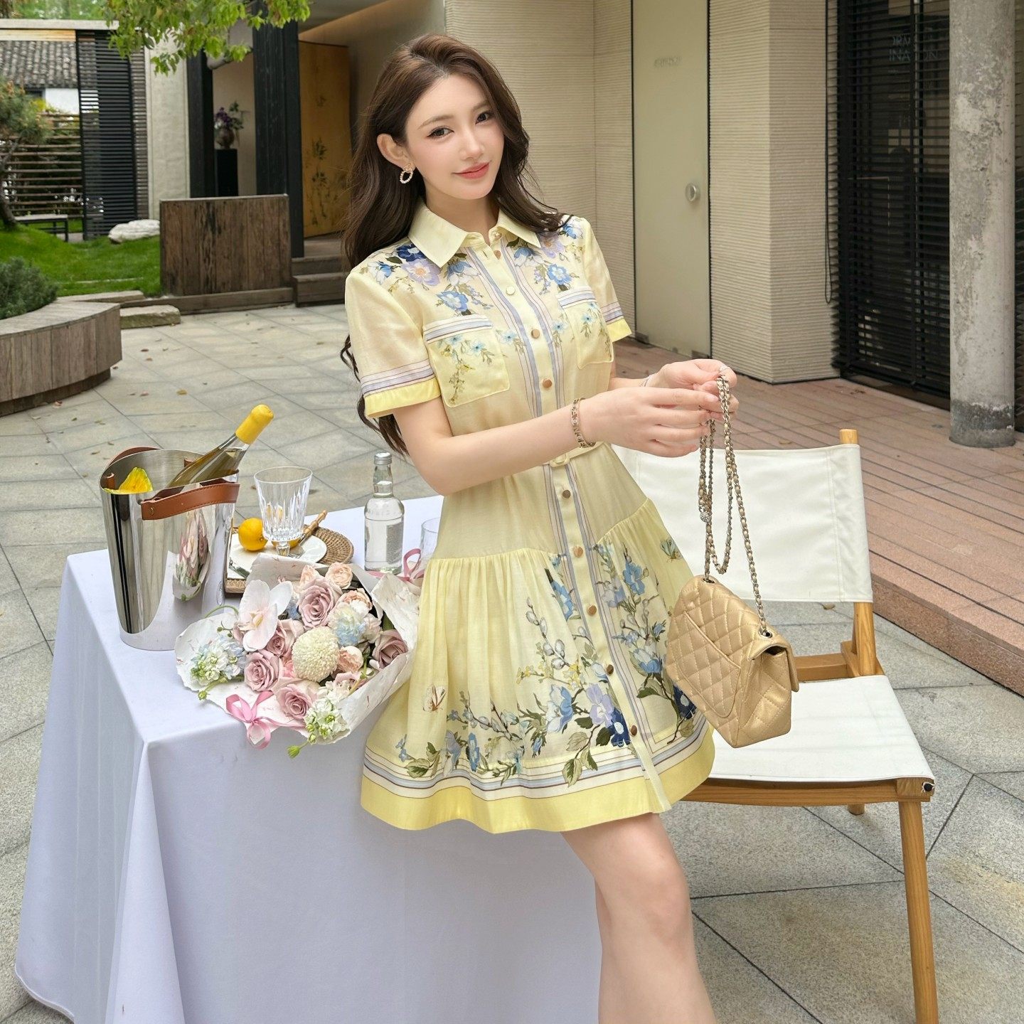 夏季新款女装黄花印花真丝棉翻领短袖A字连衣裙绝美度假风小短裙