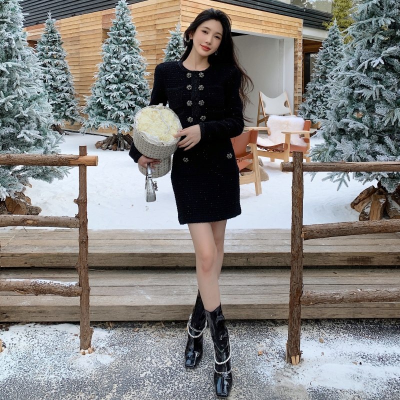 富家千金双排扣毛衣针织长袖外套开衫高腰短裙子美拉德小香风套装