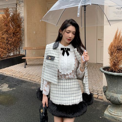 法式小香风白色格子三件套装