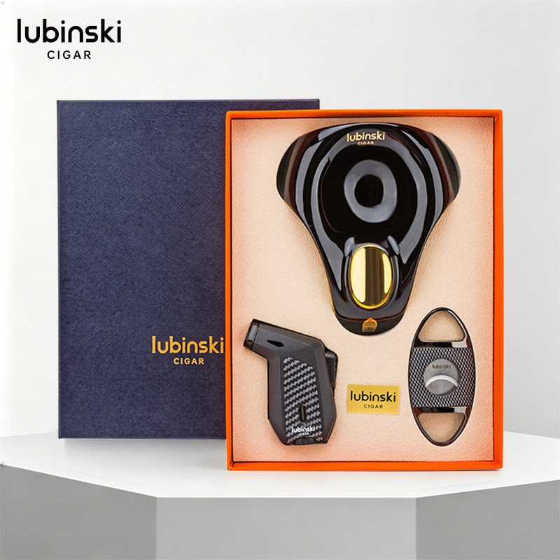 Lubinski鲁宾斯基雪茄工具三件套雪茄剪刀充气打火机陶瓷烟灰缸