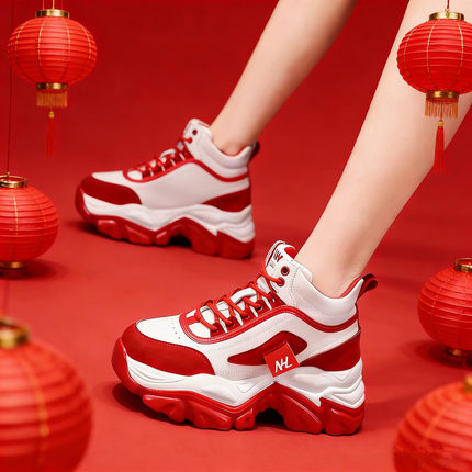 7cm内增高女鞋2025秋冬新款厚底红色本命年老爹鞋百搭运动休闲鞋