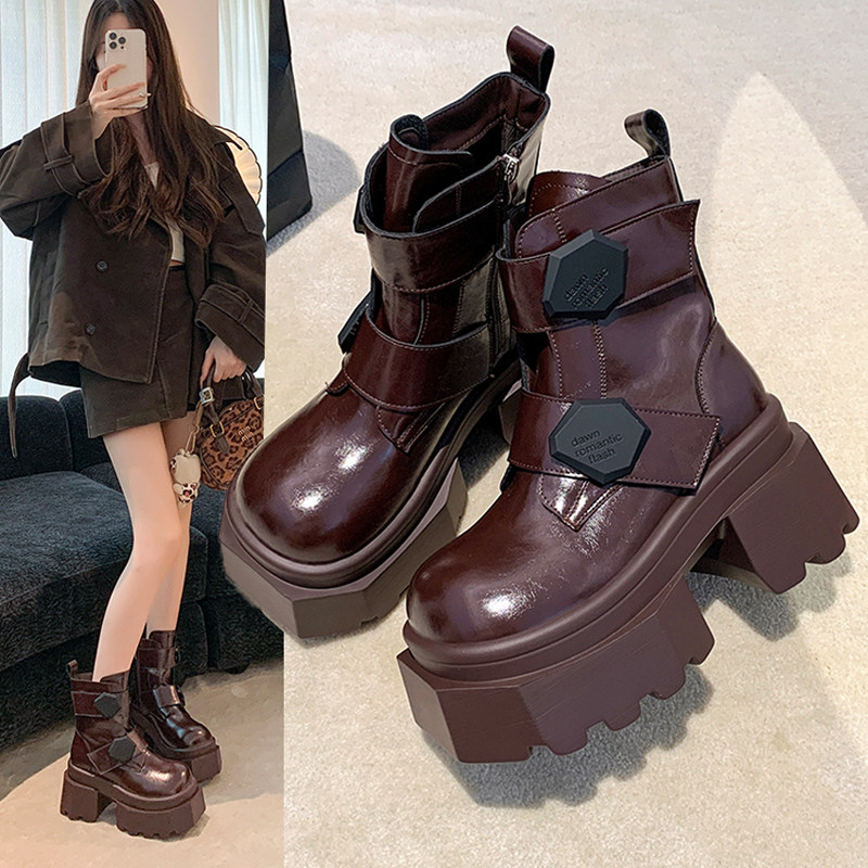 2026春季新款8cm内增高靴子厚底小个子马丁靴百搭高跟短靴机车靴