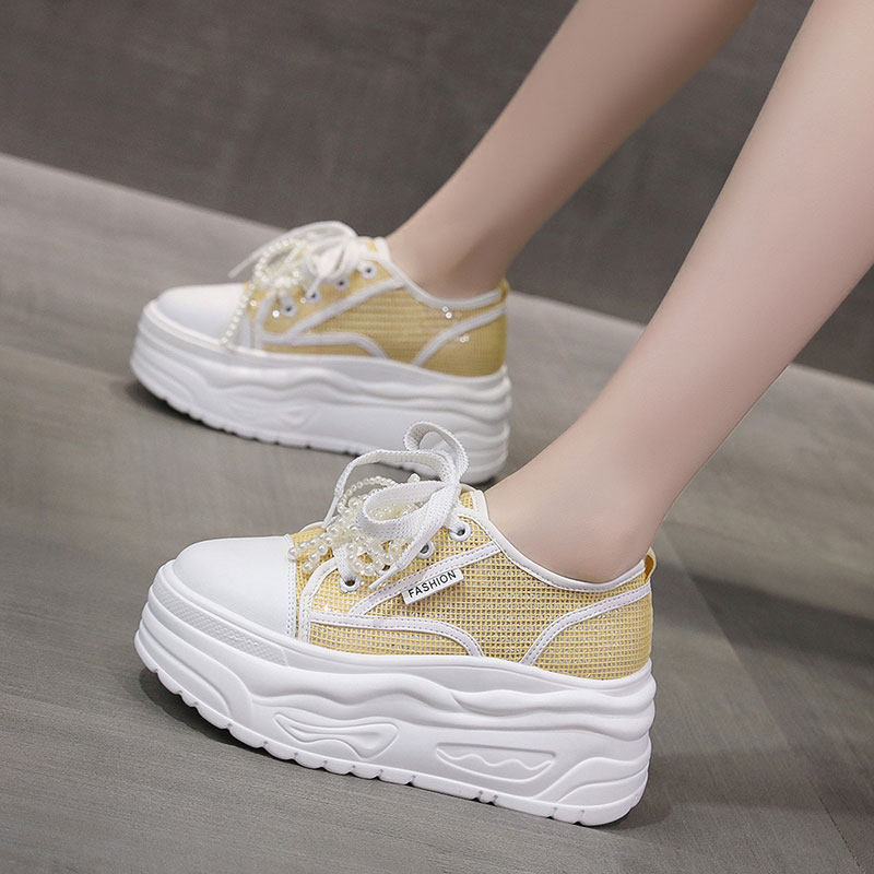 2025夏季新款8cm内增高女鞋厚底透气运动休闲鞋百搭松糕板鞋网鞋