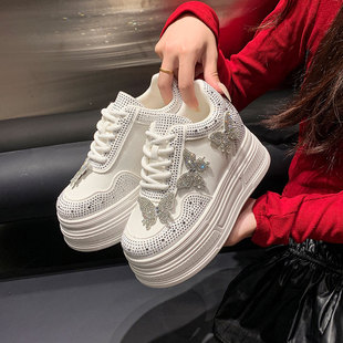 百搭运动休闲鞋 2025秋季 厚底水钻蝴蝶结小白鞋 8cm内增高女鞋 新款