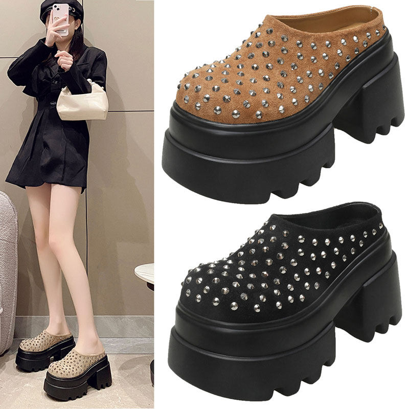 2025春新款10cm内增高拖鞋厚底铆钉时尚包头勃肯拖鞋百搭外穿半拖