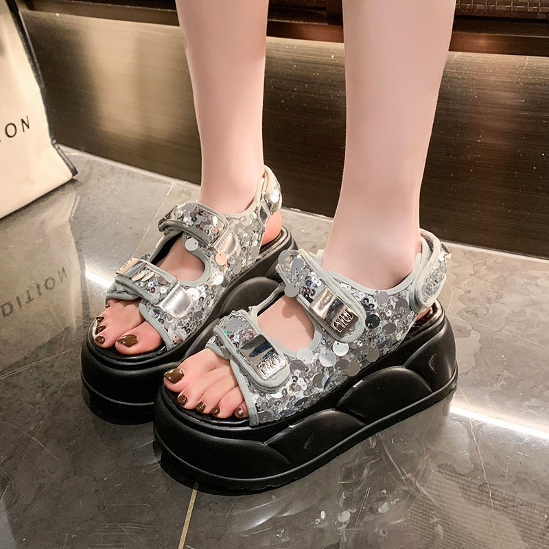 2025夏新款7cm内增高凉鞋厚底高跟亮片运动凉鞋百搭沙滩休闲凉鞋