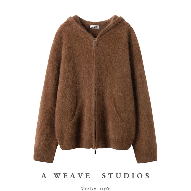 水洗拉绒羊绒拉链连帽针织开衫