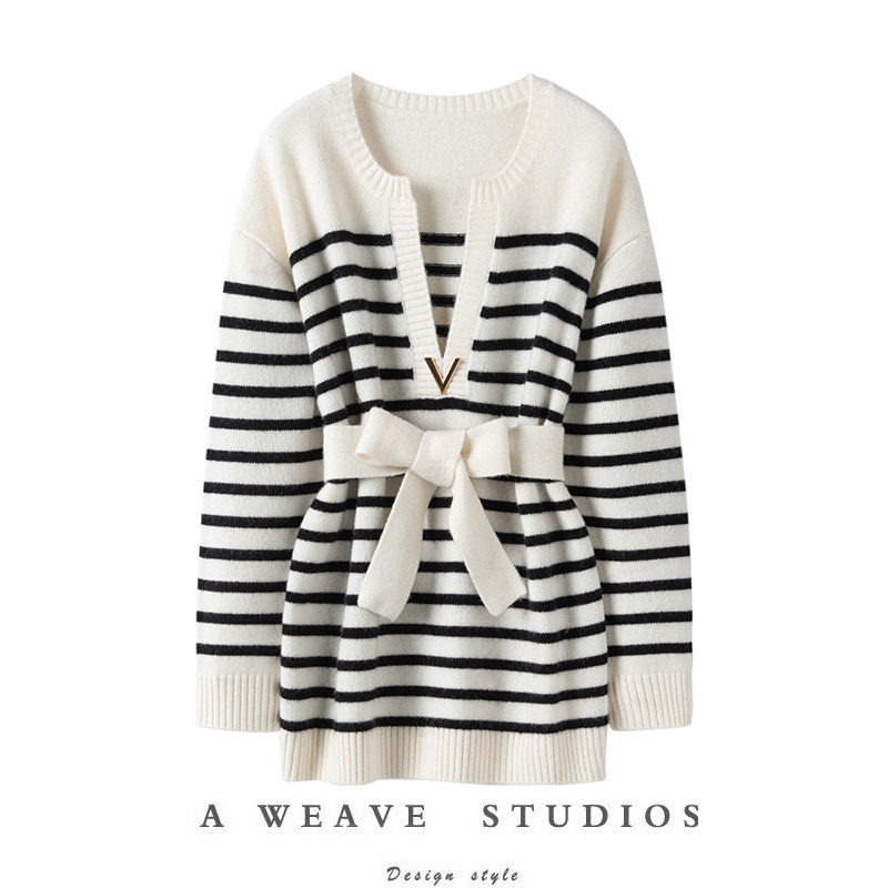 小众惊艳！优雅时髦~V领纯羊绒黑白条纹针织衫长袖系带羊绒毛衣女,女装/女士精品,羊绒衫,淘宝优惠券,粉丝福利购,淘宝优惠卷