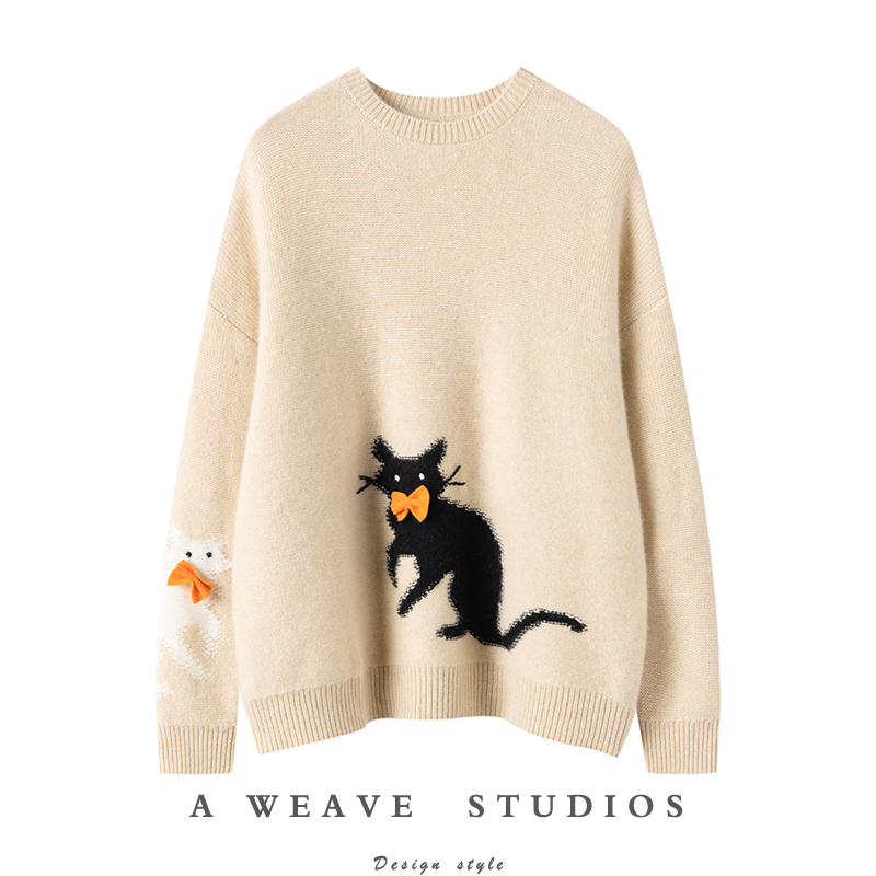 舒适感满分~100纯羊绒毛衣加厚女宽松卡通提花圆领套头上衣