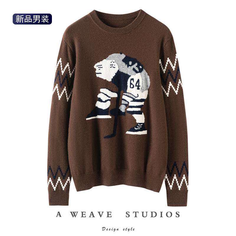 明日之星~羊绒衫男100纯羊绒圆领卡通提花百搭秋冬新款针织衫毛衣