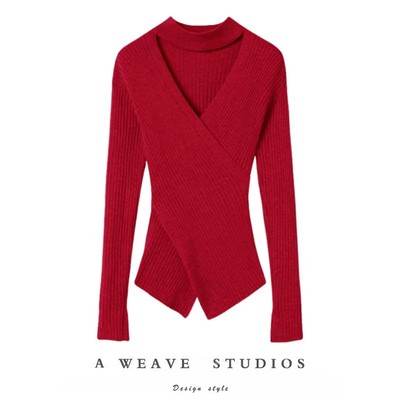 V领挂脖羊绒针织衫女修身打底衫