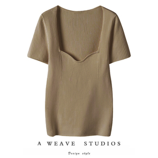 一眼就被吸引到~心形领针织真丝羊绒上衣短袖简约2025新款