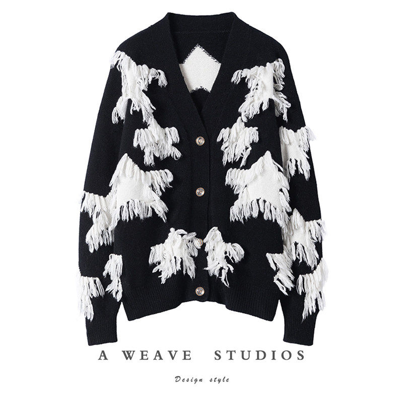 萨琪尼黑白提花立体流苏廓形V领羊绒毛衣开衫女2025秋冬新款,女装/女士精品,羊绒衫,淘宝优惠券,粉丝福利购,淘宝优惠卷