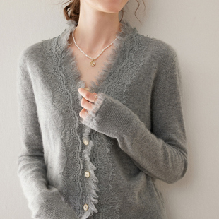 流苏蕾丝35羊绒65羊毛开衫女气质毛衣针织外套秋冬新款灰色羊毛衫
