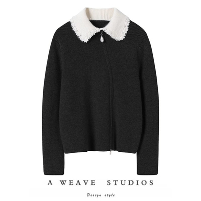 提气质~娃娃领可拆100纯山羊绒开衫斜拉链女珍珠秋冬外套女