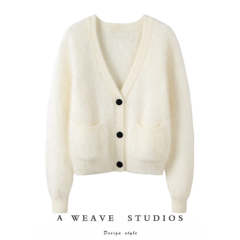 版型巨洋气！山羊绒拉绒针织衫女轻奢口碑款V领毛衣外套