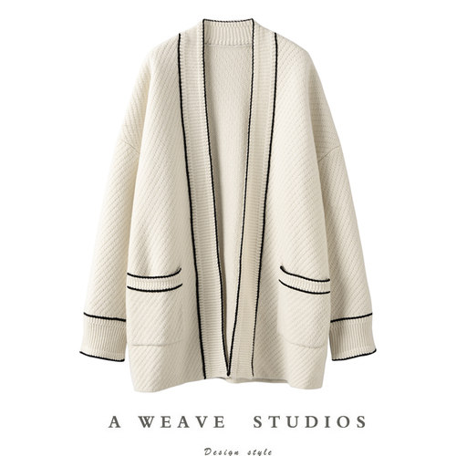 加厚撞色羊绒针织开衫女