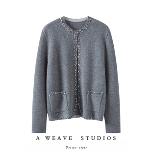 SQN官方“法式衣橱”系列加厚100%山羊绒开衫钉珠一粒扣开衫外套