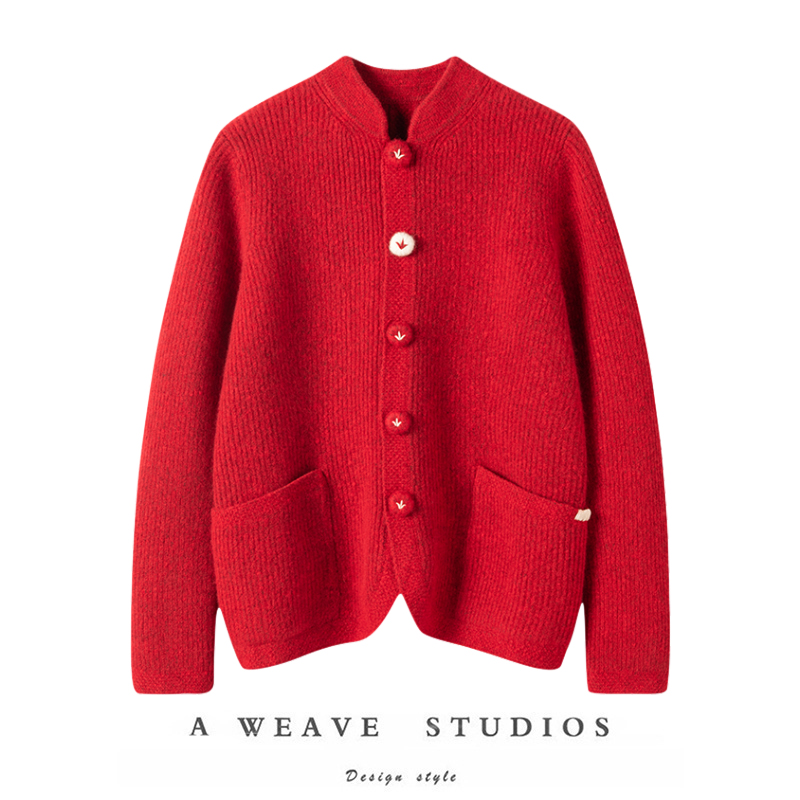 樱桃红加厚保暖手工扣立领