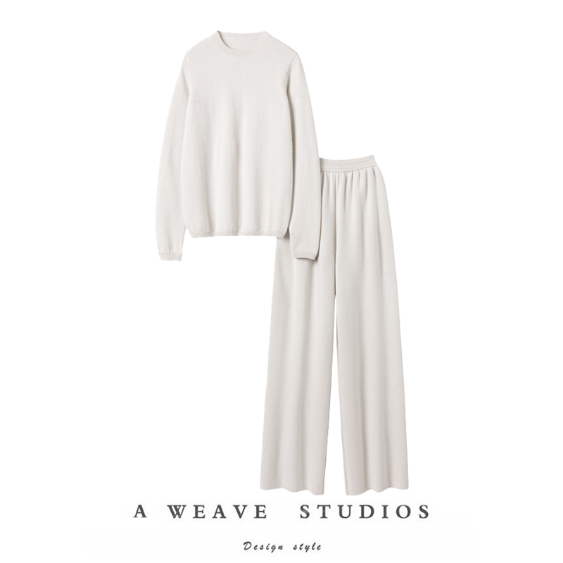 纯山羊绒衫女直筒阔腿裤子套装厚