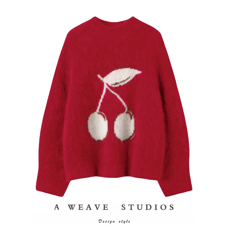 设计感满分哦~25秋冬新品纯山羊绒提花樱桃圆领羊绒毛衣针织衫