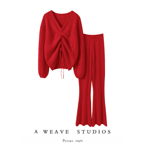 绞花抽绳灯笼袖羊绒衫喇叭裤套装