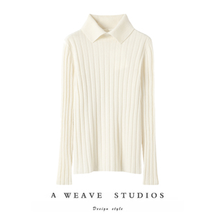 时尚好穿搭!POLO领羊绒毛衣女25秋冬新款坑条修身套头内搭针织衫