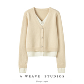 温婉含蓄气质 百分百纯山羊绒假两件V领毛衣针织开衫 女外搭上衣