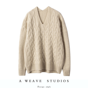 老客指定要的！时髦妞入~小V领羊绒衫女重磅加厚绞花羊绒毛衣女